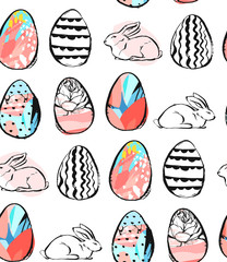 Hand drawn vector abstract creative universal Happy Easter seamless pattern design with Easter eggs and bunnies in pastel colors isolated on white background.Spring unusual graphic decoration.