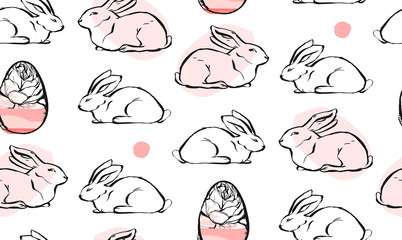 Hand drawn vector abstract creative universal Easter seamless pattern design with white rabbits and Easter eggs in pastel colors isolated on white background.Spring unusual graphic decoration.