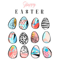 Hand made vector abstract collage textured colored Easter eggs collection set isolated on white background.Easter design decoration elements.