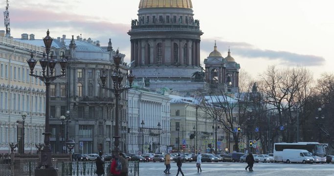 Russia, Saint-Petersburg, 29 march 2017: Palace Square, Isaac cathedrale, Alexander Column, Hermitage, Winter Palace, the arch of the Main Staff, the Admiralty at sunset, the designer Montferrand