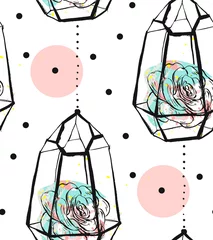 Behang Terrariumplanten Hand getekende vector abstracte naadloze patroon met ruwe terrarium, polka dots textuur en succulenten in pastelkleuren geïsoleerd op witte bakground. Ontwerp voor decoratie, mode, stof, verpakking