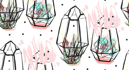 Hand getekende vector abstracte naadloze patroon met ruwe terrarium, polka dots textuur en succulenten in pastelkleuren geïsoleerd op witte bakground. Ontwerp voor decoratie, mode, stof, verpakking