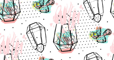 Hand getekende vector abstracte naadloze patroon met ruwe terrarium, polka dots textuur en succulenten in pastelkleuren geïsoleerd op witte bakground. Ontwerp voor decoratie, mode, stof, verpakking