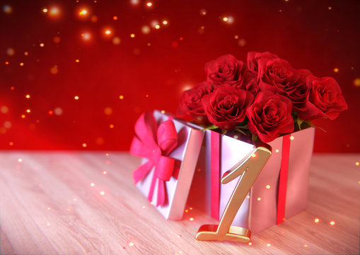 birthday concept with red roses in gift on wooden desk. first .1st. 3D render