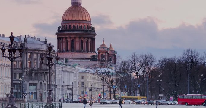 Russia, Saint-Petersburg, 29 march 2017: Palace Square, Isaac cathedrale, Alexander Column, Hermitage, Winter Palace, the arch of the Main Staff, the Admiralty at sunset, the designer Montferrand