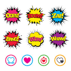 Heart ribbon icon. Timer stopwatch symbol.