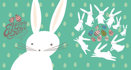 Easter card with cute bunnies and gift eggs. Happy Easter.