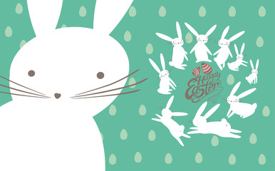 Easter card with cute white bunnies and handwritten inscription Happy Easter.