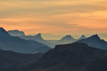 Sunset in the Bernese Oberland, Switzerland. View from mount Niesen.