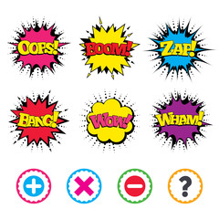 Plus and minus icons. Question FAQ symbol.