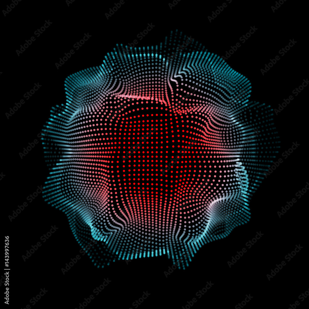 Poster abstract futuristic space shape, mesh with random, chaos destroyed particles and black background fo
