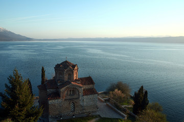 Saint Naum monastery at sunset over Ohrid lake, in the southern part of the republic of Macedonia..