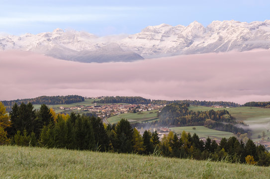 Italy, Trentino Alto Adige, Maddalene group in a wintertime sunrise.