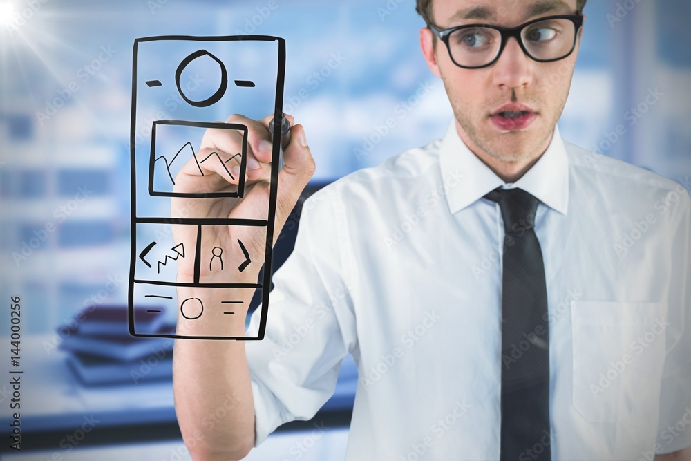 Poster composite image of geeky businessman writing with marker