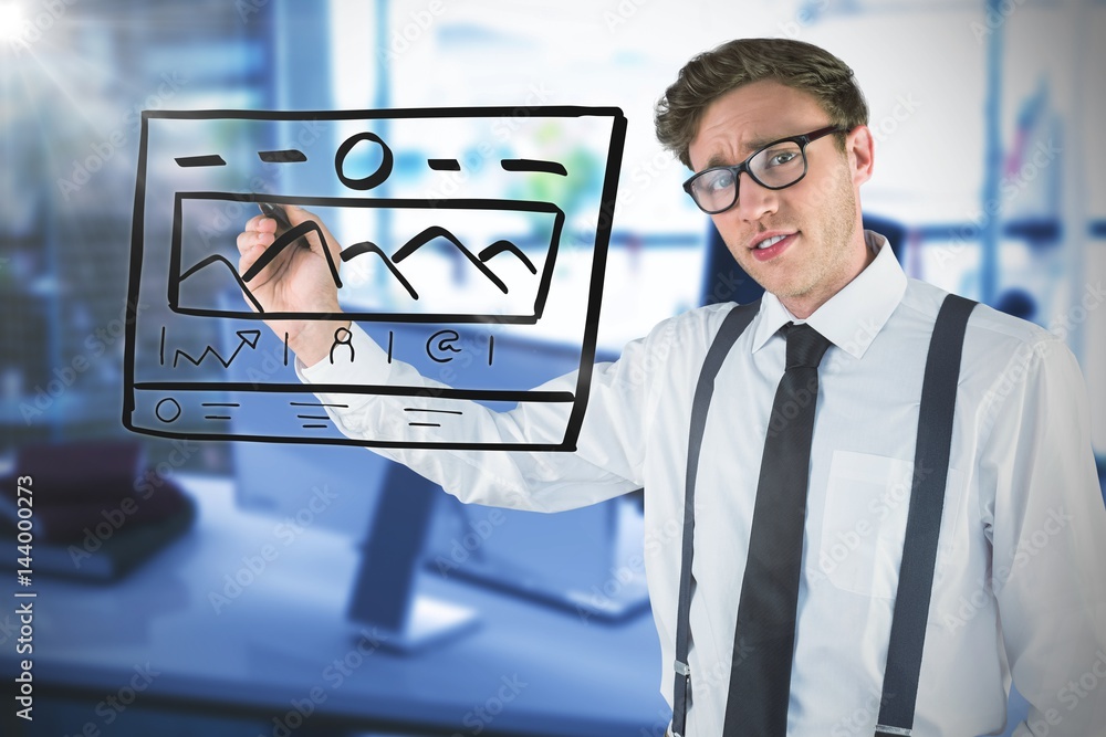 Poster composite image of geeky businessman writing with marker