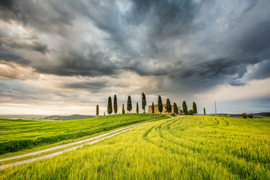 Scenic view of farmhouse with cypress trees against cloudy sky