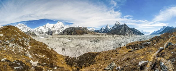 Papier Peint photo Cho Oyu Panorama of the Ngozumba glacier with Mount Everest (8848 m) and other highest peaks on background - Gokyo region, Nepal, Himalayas