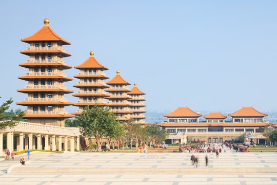 Kaohsiung, Taiwan. Fo Guang Shan buddist temple of Kaohsiung with many tourists walking by.