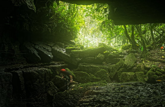Speleologist Descending Into Mayei Cave