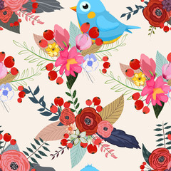 Bird floral background pattern, flower, seamless
