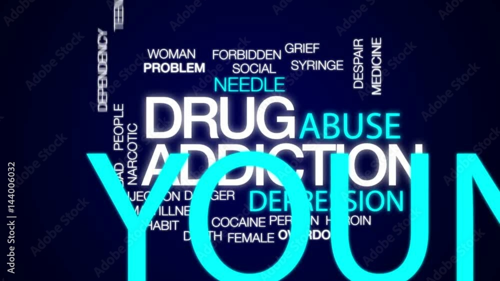 Wall mural drug addiction animated word cloud, text design animation.