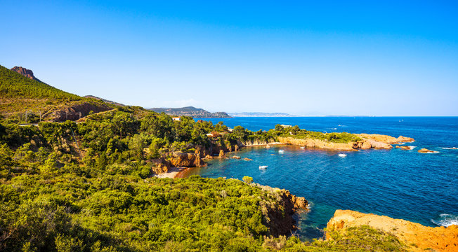 Esterel rocks beach coast and sea. Cote Azur, Provence, France.