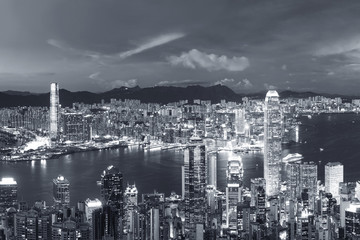 Panorama of Victoria Harbor of Hong Kong city at dusk