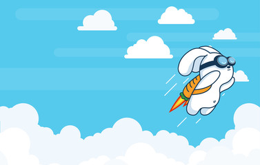 Progress, Achievement and Startup Development Project Concept with Flying Jetpack Rocket Rabbit Launching in Sky over Clouds in Flat Vector and Bright Contrasting White and Blue