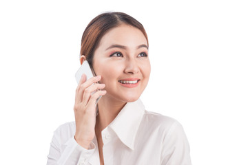 Full length portrait of Beautiful Young Asian Business Woman listening to mobile phone isolated on...