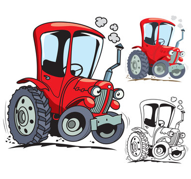 Funny cartoon tractor. Isolated. Colored, outline and colored with stroke vector illustration