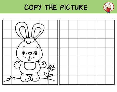Funny little rabbit. Copy the picture. Coloring book. Educational game for children. Cartoon vector illustration