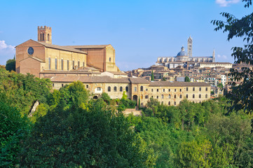 Fototapeta na wymiar Basilica di San Domenico and the Cathedral Duomo of Siena from the Medici Fortress - Siena, Italy