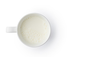 Cup with milk bubble foam on top view isolated texture on white background object design