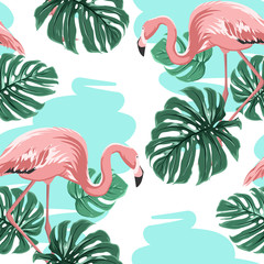 Pink flamingo birds, blue water lake pond, turquoise green monstera leaves tropical oasis seamless pattern. Vector design illustration.