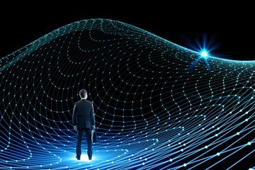 young businessman standing on mesh network. 3D rendering.