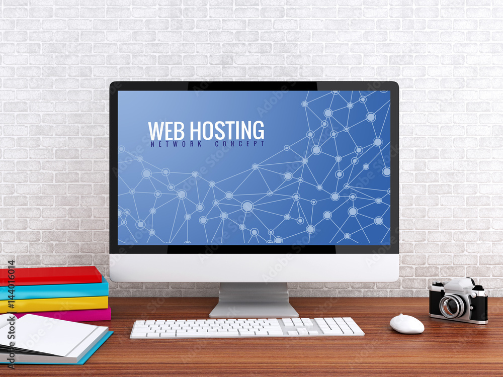 Poster 3d computer with words web hosting.