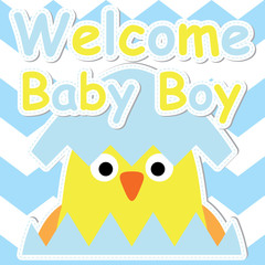 Cute chick in egg cartoon on blue chevron background, Baby shower postcard, greeting and invitation card, vector illustration