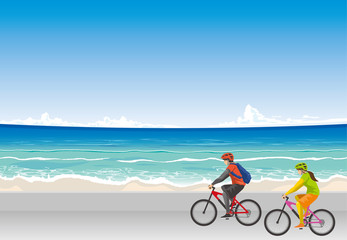 海辺でサイクリングをするイメージイラスト（男女）