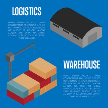 Warehouse logistics isometric banner vector illustration. Warehouse building terminal and cargo crane loading container icon. Shipment logistics, delivery transportation, shipping service concept
