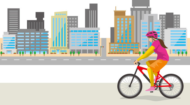 街中をサイクリングするイメージイラスト（女性）