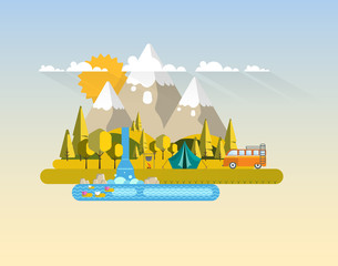 Hiking and Outdoor Recreation Scene in Flat Design. Abstract Landscape Vector Illustration. 