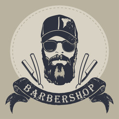 Barbershop logo. Bearded and hand drawn haircuts and beard. Isolated vector illustration Hipster sеyle.