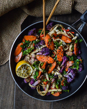 Overhead view of stir fry salad in a pan