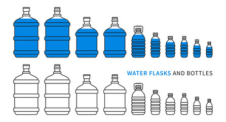 Water flasks and bottles vector illustration. Different plastic bottles and flasks for potable water delivery concept. Bottled drinking water for cooler graphic design.
