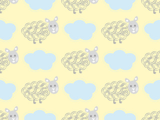 Seamless pattern polka dot with sheep and clouds . Vector background