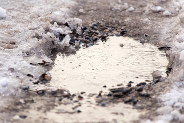 Snow with puddles on the road