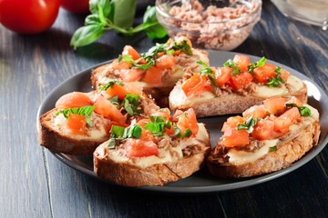 Appetizer bruschetta with tuna, mozarella cheese and tomatoes