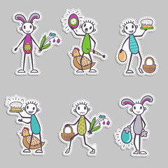 Stick figure paper stickers - Easter set or collection, vector
