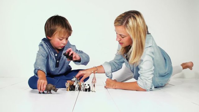 mutter und sohn spielen gemeinsam mit verschiednen plastiktieren