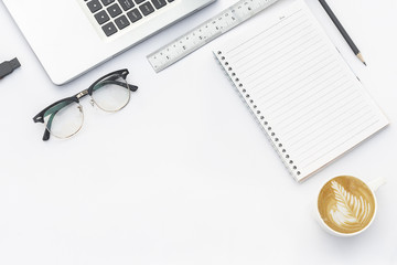 White office desk table, business and education concept with office accessories, Top view with copy space.